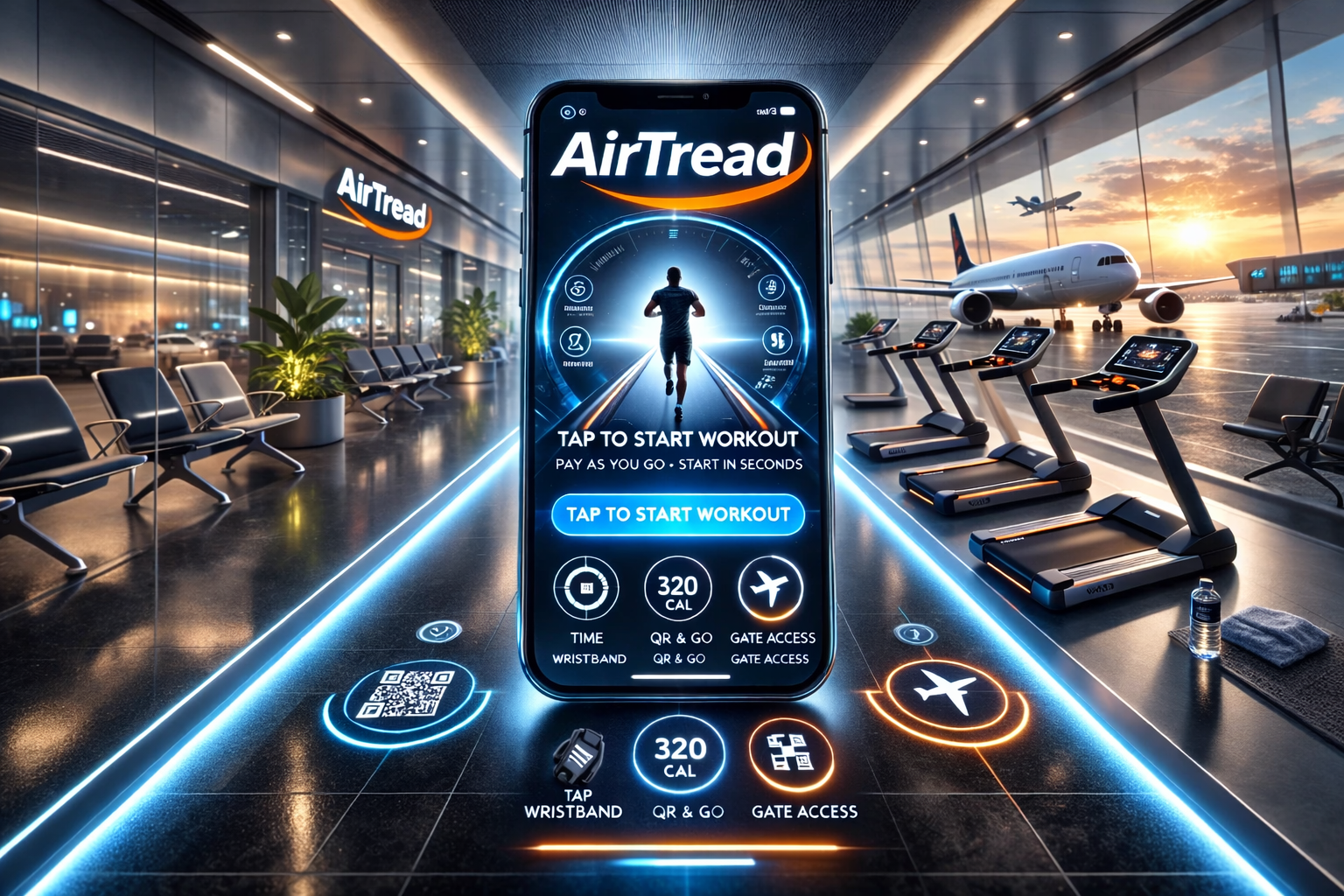 AirTread phone interface concept showing tap-to-start workout