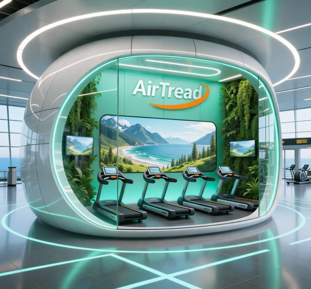AirTread pod concept with multiple treadmills and media screen